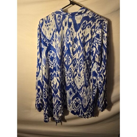 Chicos Blue White Beautiful Cardigan Sweater Open front Womens Size 2 L Linen - Picture 3 of 3